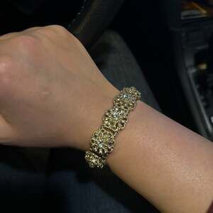 Vintage Gold Tone Rhinestone Floral Stretch Bracelet